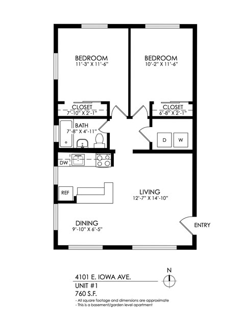 Floor plan for 2 beds, 1 bath, 790 sqft